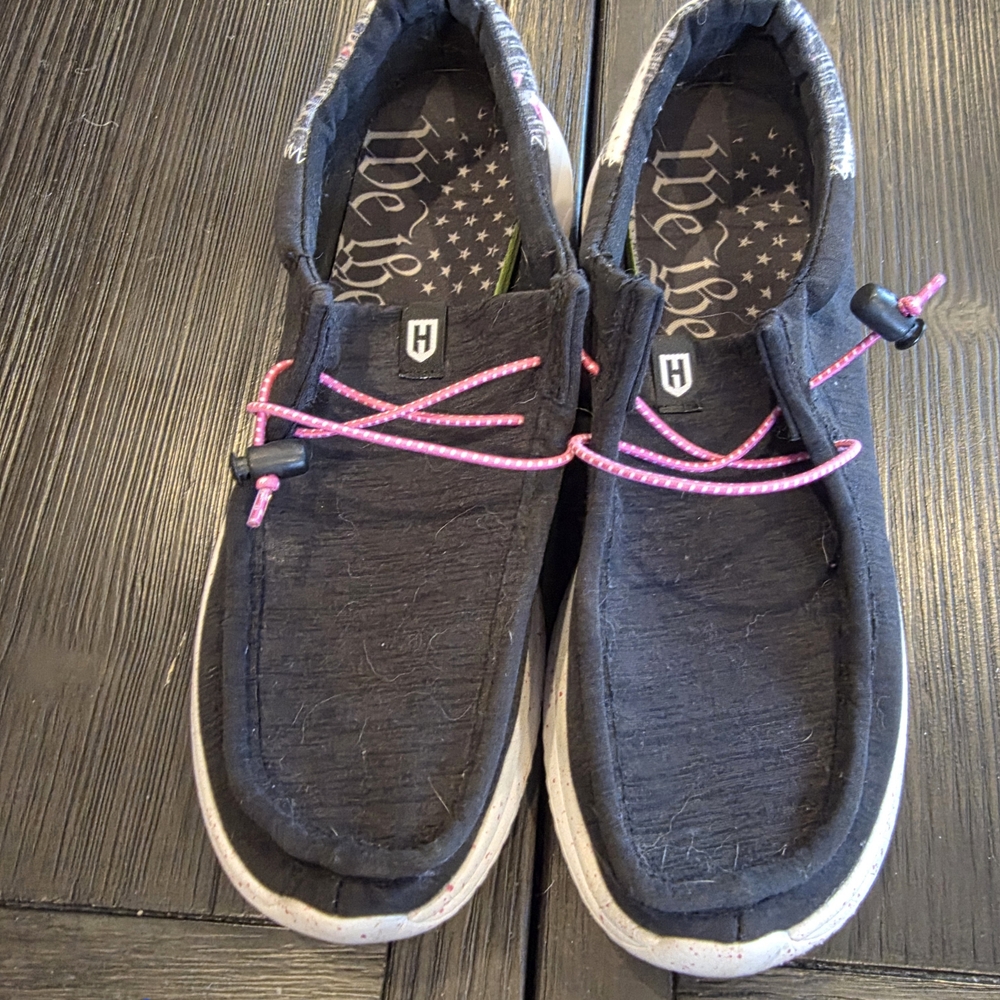 Hey Dude Women's Black Slip-On Sneakers with Pink Elastic Laces